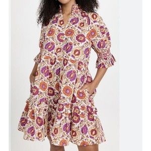 Figue Halima Sz L 100% Cotton Floral Smocked Neckline Tiered Lined Boho Dress